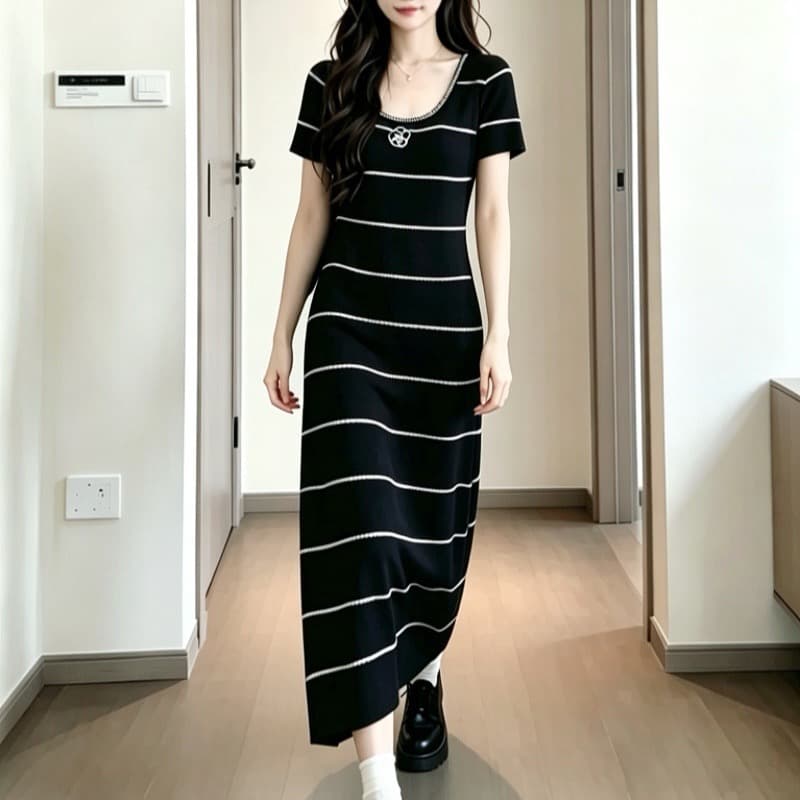실사 6 월 6 월 junjun 휴일 샤오시엔 흑백 줄무늬 배색 자수 품격 허리 수축 여성 드레스 여름 이미지 5