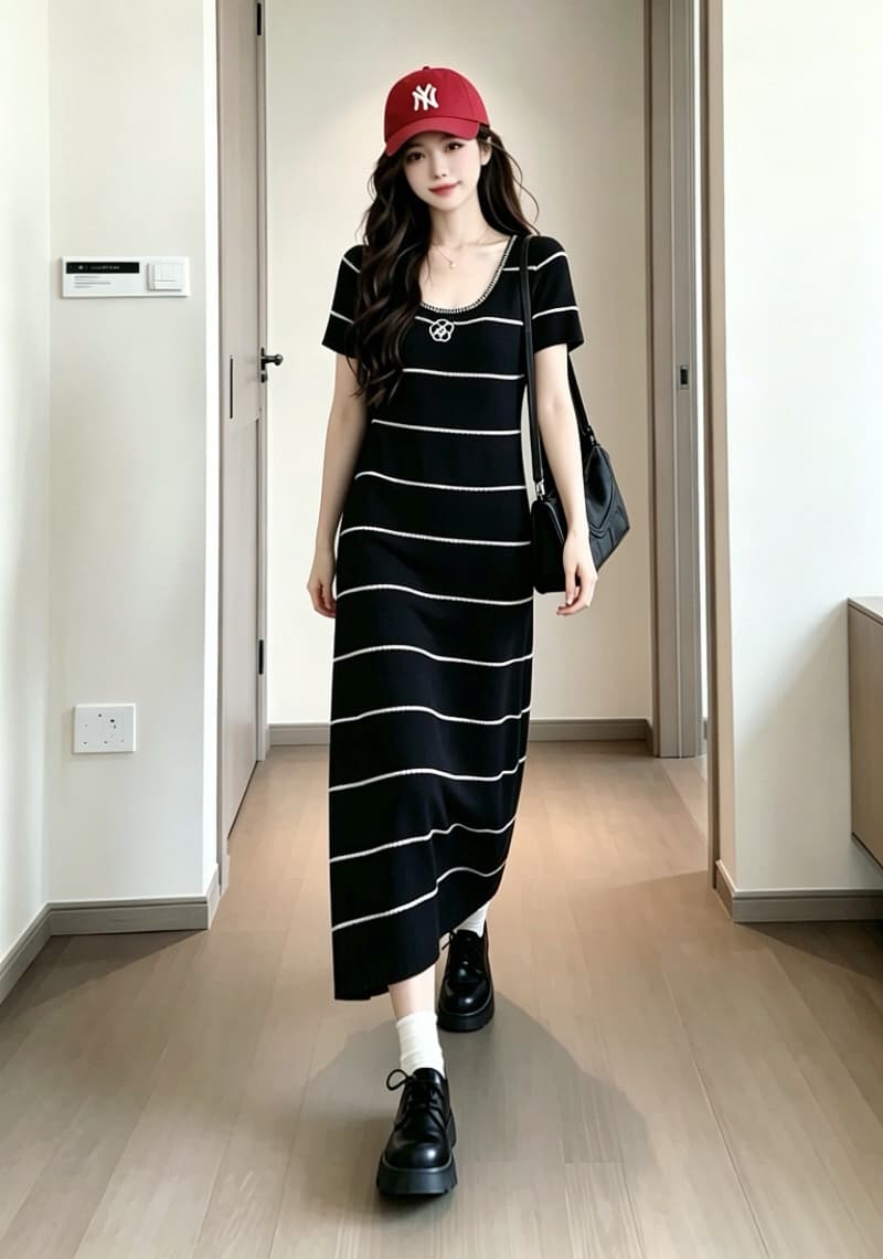 실사 6 월 6 월 junjun 휴일 샤오시엔 흑백 줄무늬 배색 자수 품격 허리 수축 여성 드레스 여름 상세 이미지 2
