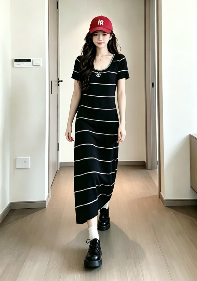 실사 6 월 6 월 junjun 휴일 샤오시엔 흑백 줄무늬 배색 자수 품격 허리 수축 여성 드레스 여름 상세 이미지 4