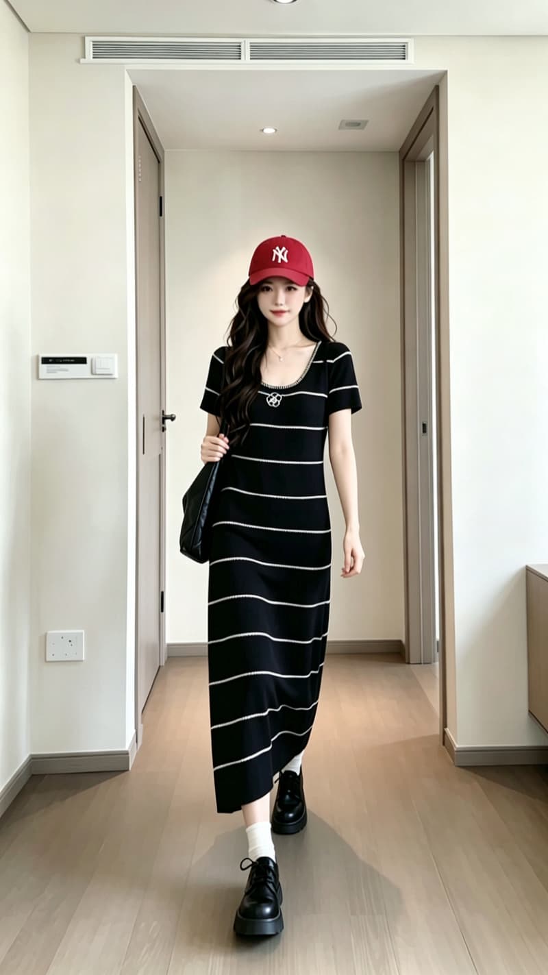 실사 6 월 6 월 junjun 휴일 샤오시엔 흑백 줄무늬 배색 자수 품격 허리 수축 여성 드레스 여름 상세 이미지 6