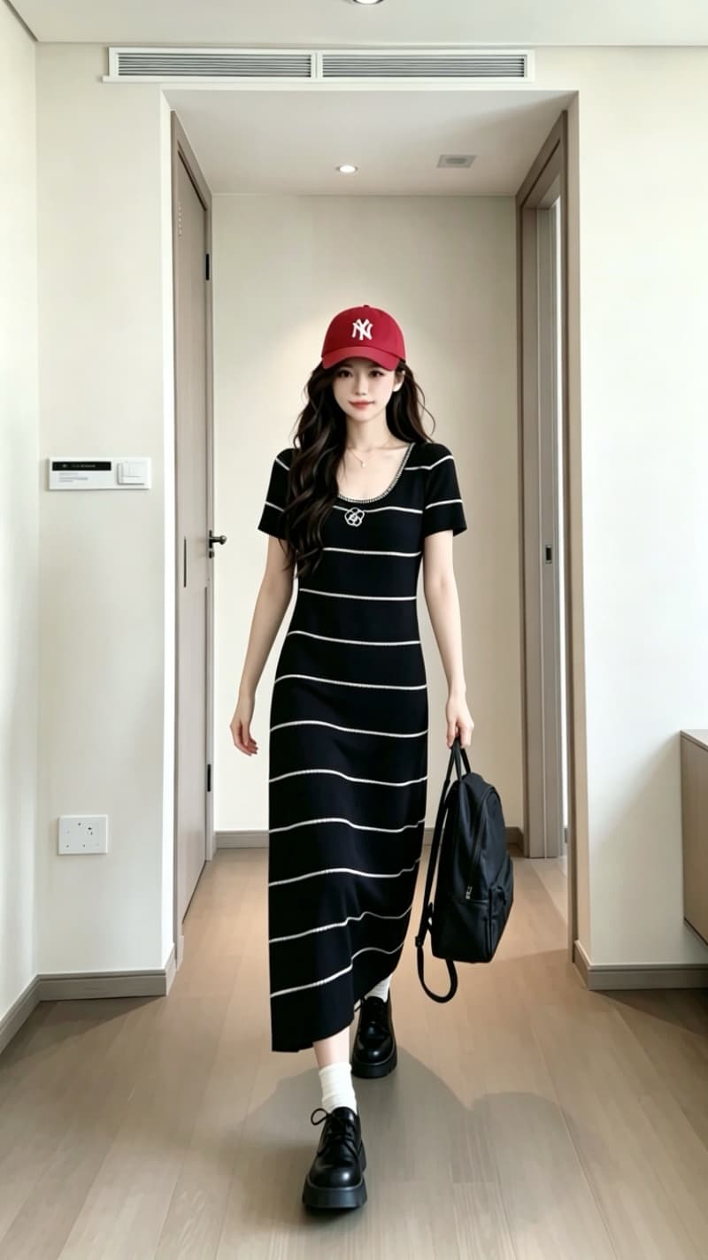 실사 6 월 6 월 junjun 휴일 샤오시엔 흑백 줄무늬 배색 자수 품격 허리 수축 여성 드레스 여름 상세 이미지 7