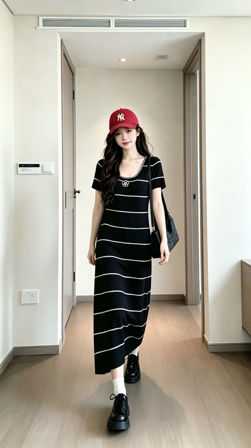 실사 6 월 6 월 junjun 휴일 샤오시엔 흑백 줄무늬 배색 자수 품격 허리 수축 여성 드레스 여름 상세 이미지 8