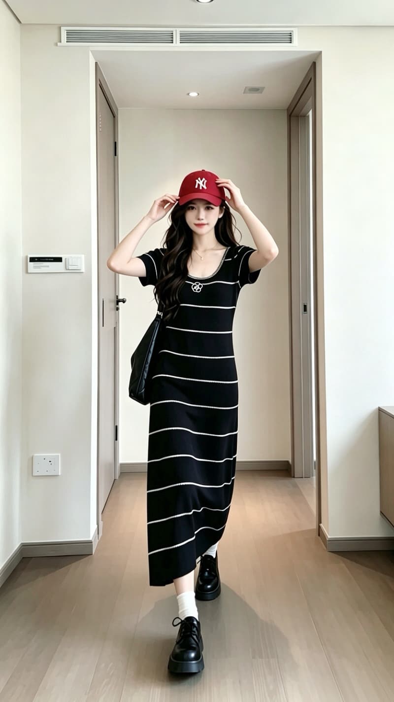 실사 6 월 6 월 junjun 휴일 샤오시엔 흑백 줄무늬 배색 자수 품격 허리 수축 여성 드레스 여름 상세 이미지 9