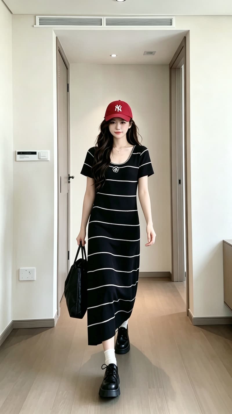 실사 6 월 6 월 junjun 휴일 샤오시엔 흑백 줄무늬 배색 자수 품격 허리 수축 여성 드레스 여름 상세 이미지 10