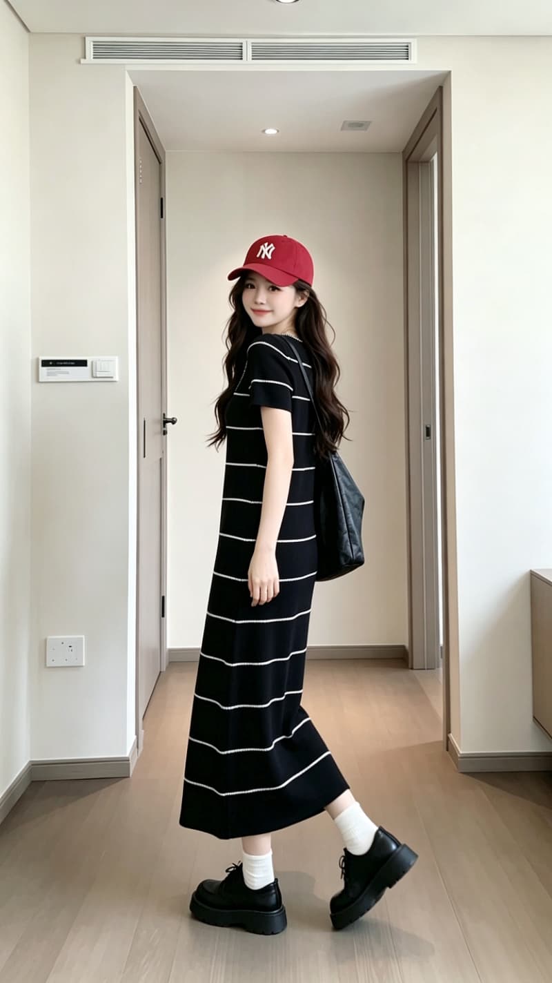 실사 6 월 6 월 junjun 휴일 샤오시엔 흑백 줄무늬 배색 자수 품격 허리 수축 여성 드레스 여름 상세 이미지 12