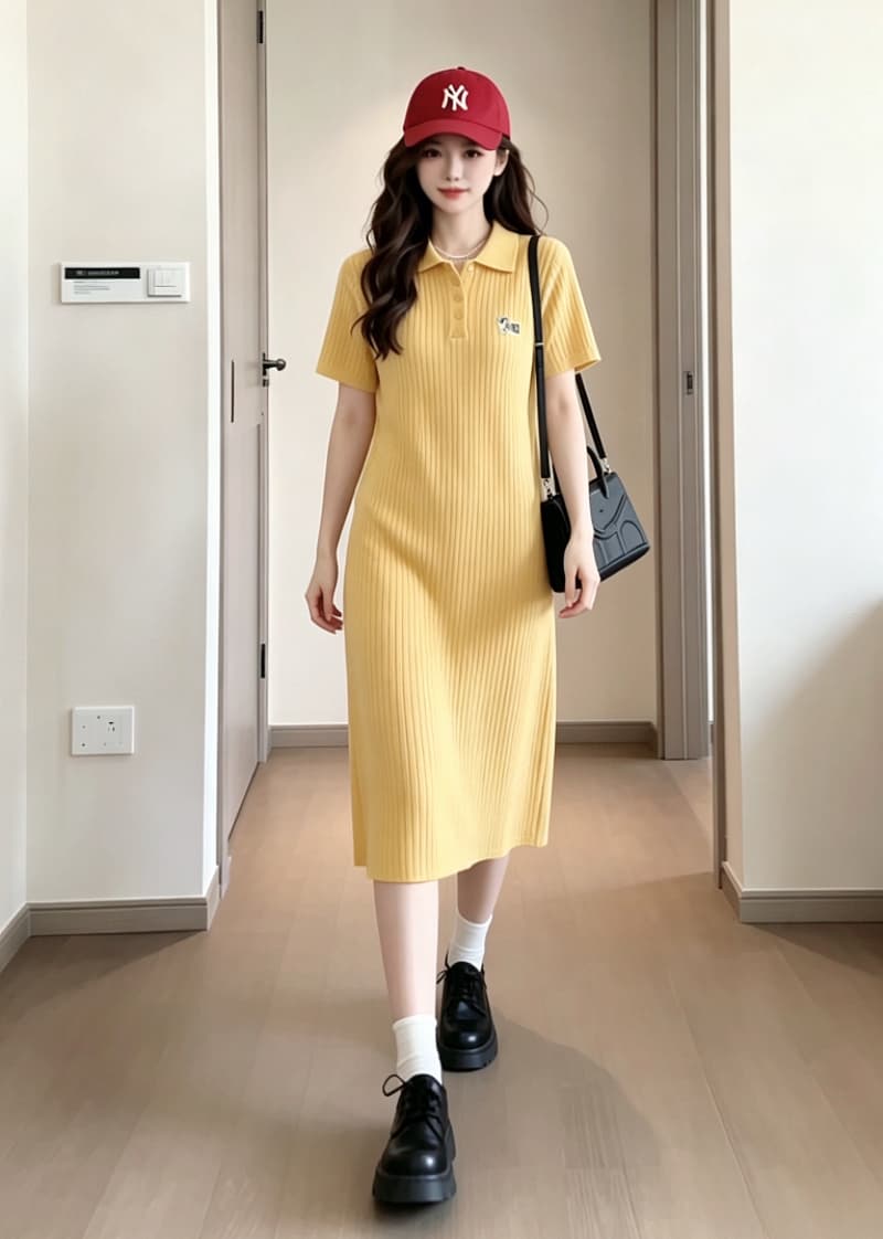실사 드레스 여름 2026 새로운 한 부서 부드러운 바람 심황 색상 POLO 칼라 니트 원피스 여성 드레스 상세 이미지 1