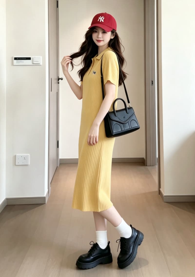 실사 드레스 여름 2026 새로운 한 부서 부드러운 바람 심황 색상 POLO 칼라 니트 원피스 여성 드레스 상세 이미지 3