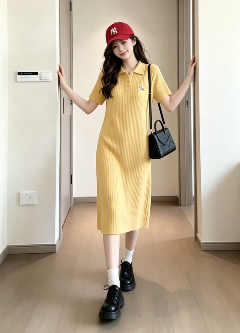 실사 드레스 여름 2026 새로운 한 부서 부드러운 바람 심황 색상 POLO 칼라 니트 원피스 여성 드레스 상세 이미지 5