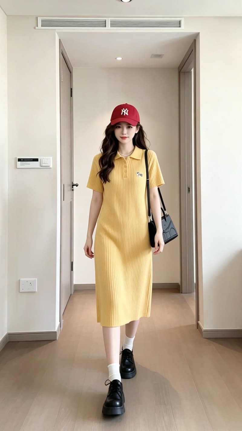 실사 드레스 여름 2026 새로운 한 부서 부드러운 바람 심황 색상 POLO 칼라 니트 원피스 여성 드레스 상세 이미지 6