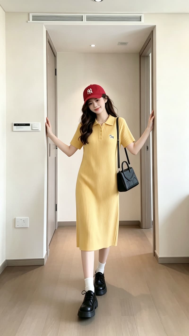 실사 드레스 여름 2026 새로운 한 부서 부드러운 바람 심황 색상 POLO 칼라 니트 원피스 여성 드레스 상세 이미지 7