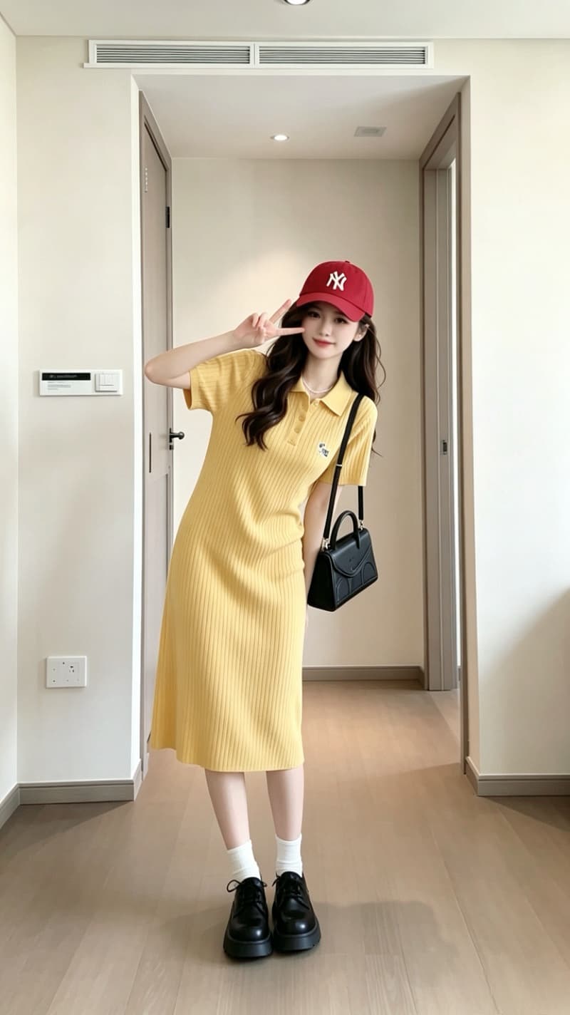 실사 드레스 여름 2026 새로운 한 부서 부드러운 바람 심황 색상 POLO 칼라 니트 원피스 여성 드레스 상세 이미지 11