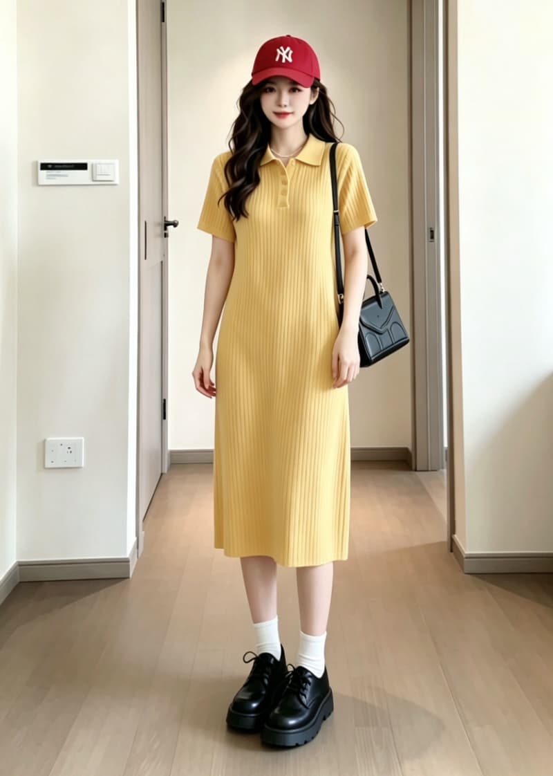 실사 드레스 여름 2026 새로운 한 부서 부드러운 바람 심황 색상 POLO 칼라 니트 원피스 여성 드레스 이미지 2