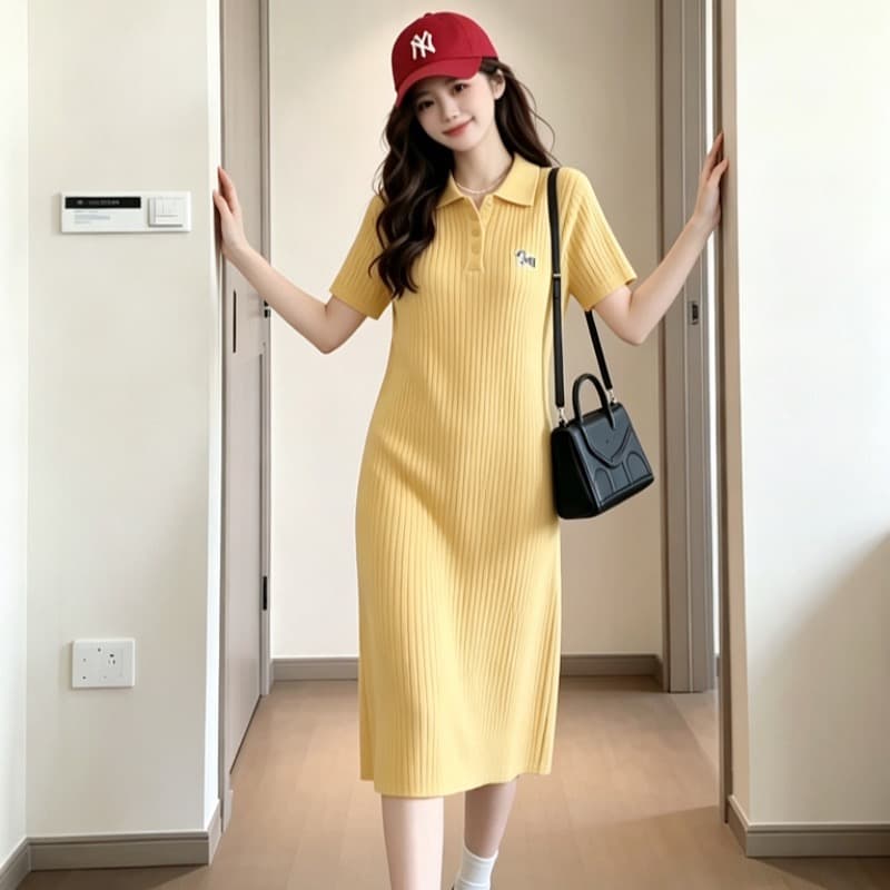 실사 드레스 여름 2026 새로운 한 부서 부드러운 바람 심황 색상 POLO 칼라 니트 원피스 여성 드레스 이미지 5