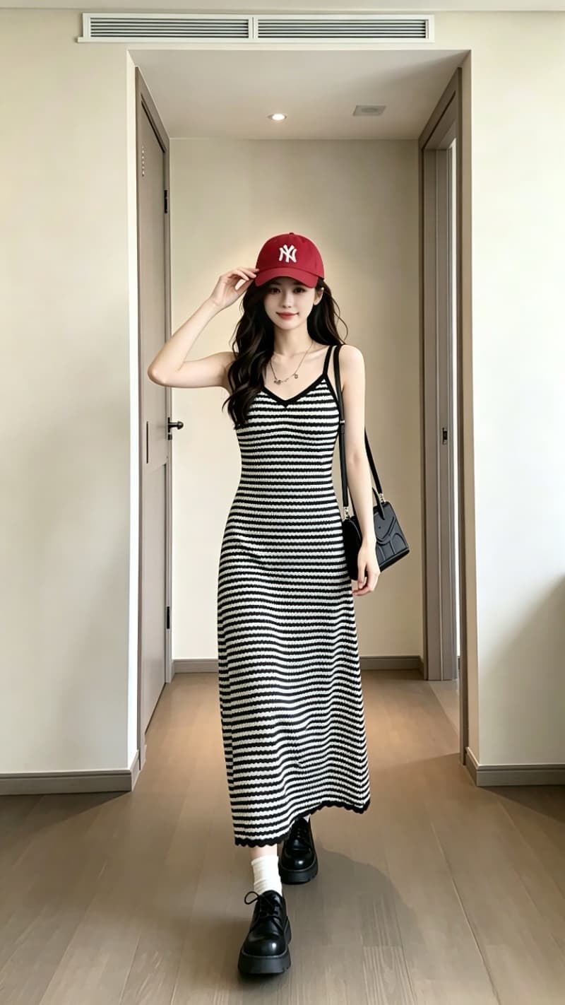 실사 흑백 줄무늬 슬립 여성 드레스 2026 여름 프랑스식 몸매 가꾸기 니트 스웨터 조끼 원피스 상세 이미지 11