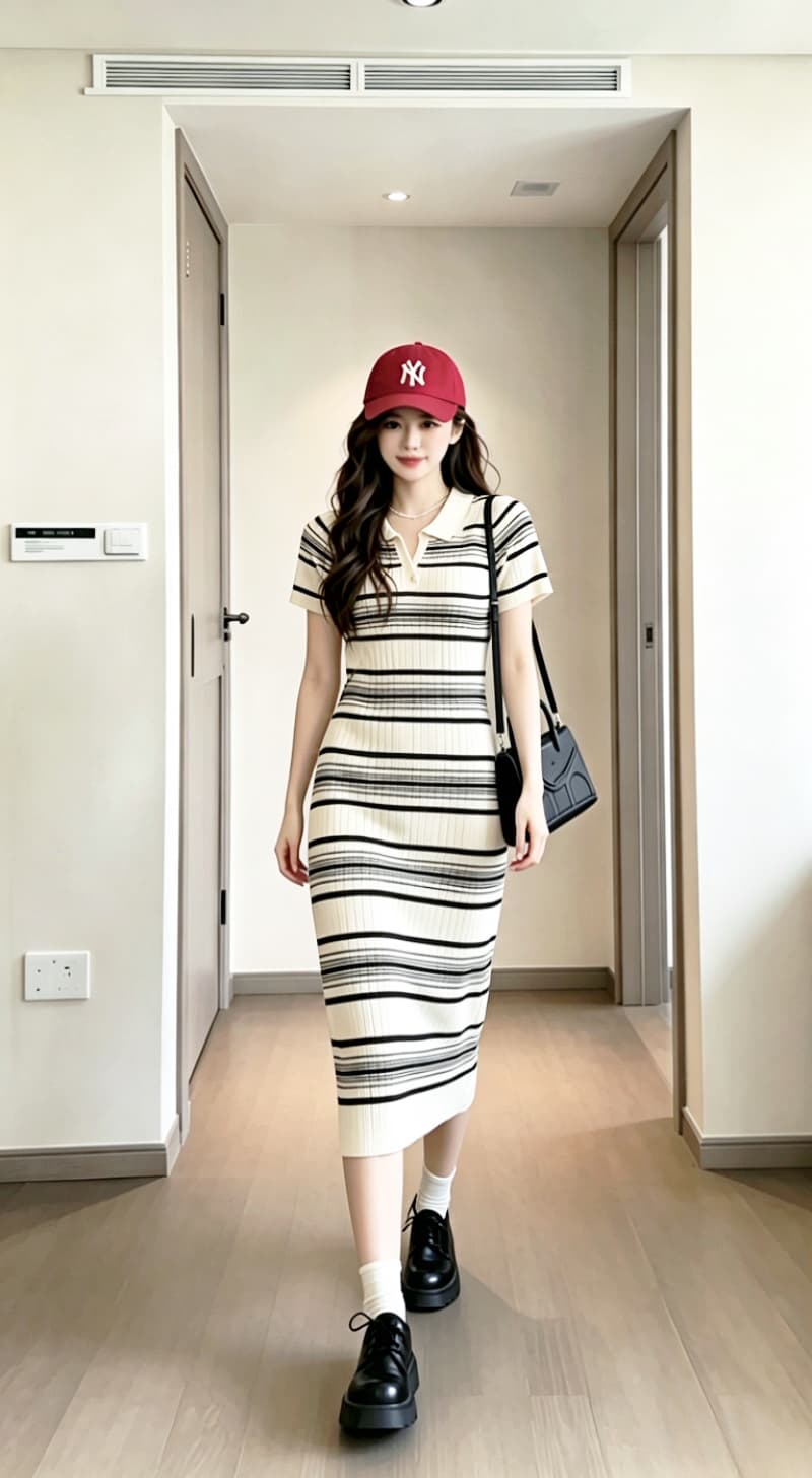 실사 유럽 역 2026 여름 디자인 센스 작은 대중 POLO 칼라 스트라이프 치마 여성 프랑스식 슬림해 보이는 무릎 아래 수직 구덩이 기사 이미지 2