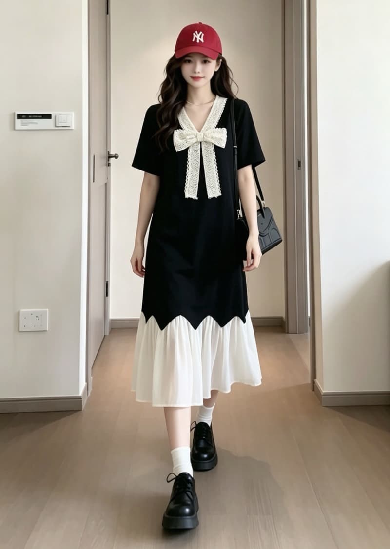 실사 여름 드레스 2026 새로운 마이크로 지방 나비 매듭 패치워크 중간 길이 자이언트 슬림해 보이는 표지 배 숨기기 고기 드레스 상세 이미지 1