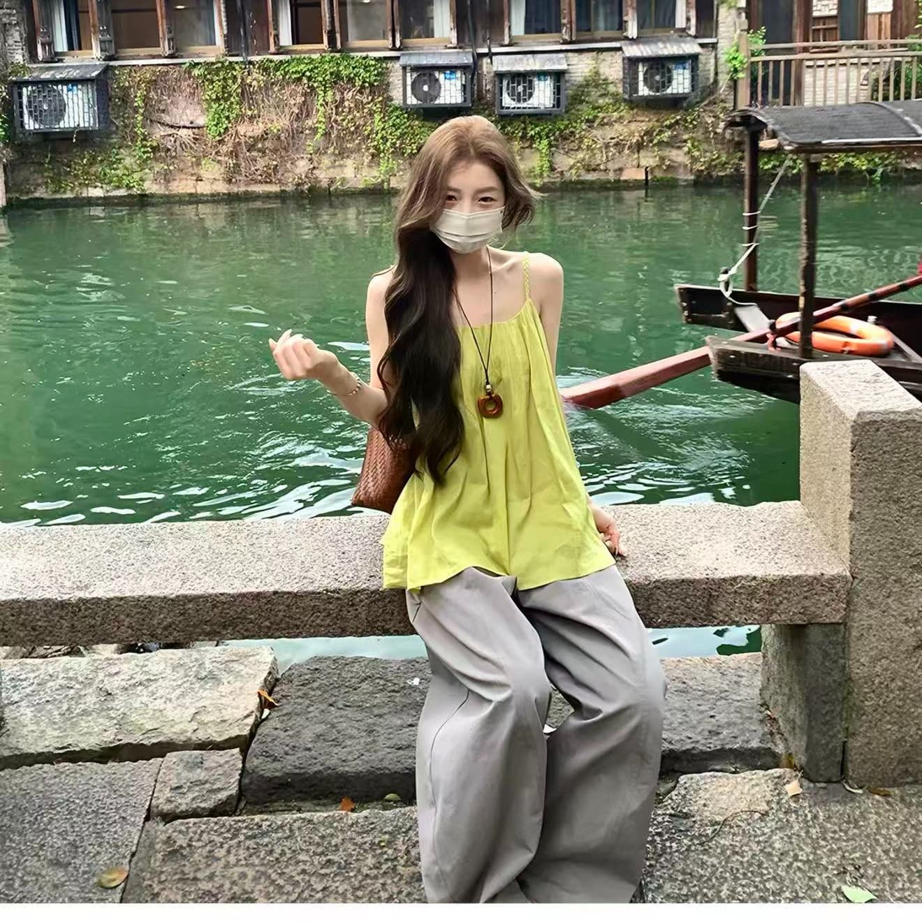 xxiiuu 여름 새로운 캐미솔 작은 맨위 외출용 와이드 레그 팬츠 스트레이트 롱 바지 투피스 세트 이미지 5