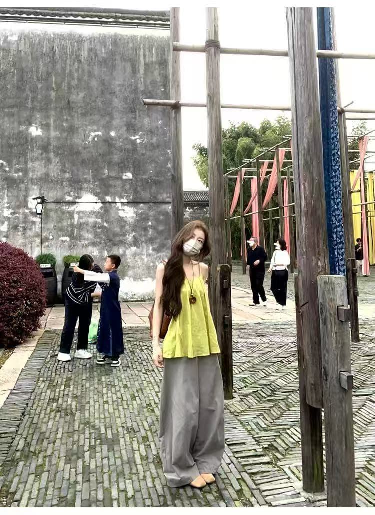 xxiiuu 여름 새로운 캐미솔 작은 맨위 외출용 와이드 레그 팬츠 스트레이트 롱 바지 투피스 세트 상세 이미지 1
