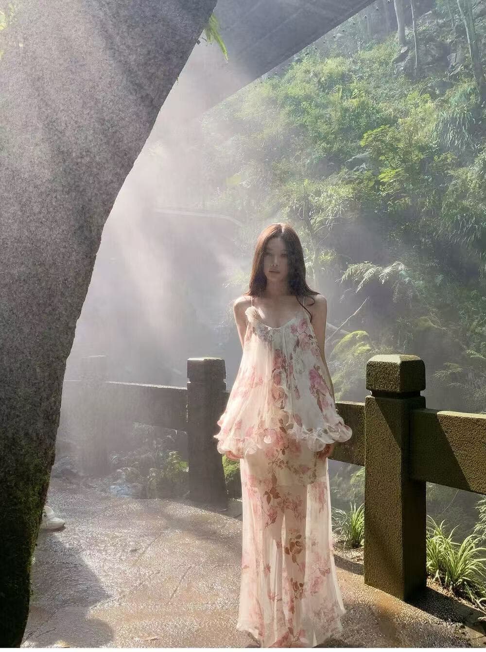 시 웨이 리앙 영국 로즈 가든 영국 fws 프린트 무거운 작업 꽃 치마 슬립 드레스 맨위 여성 상세 이미지 2