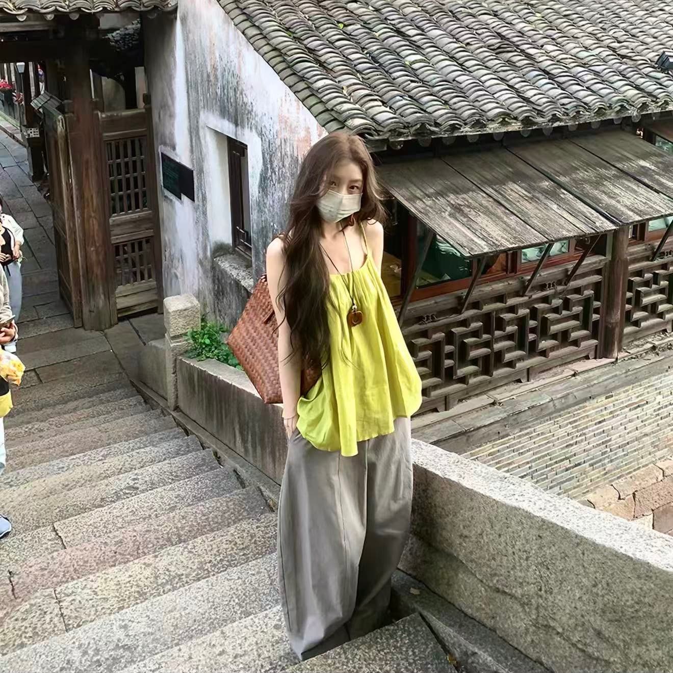 xxiiuu 여름 새로운 캐미솔 작은 맨위 외출용 와이드 레그 팬츠 스트레이트 롱 바지 투피스 세트 이미지 2