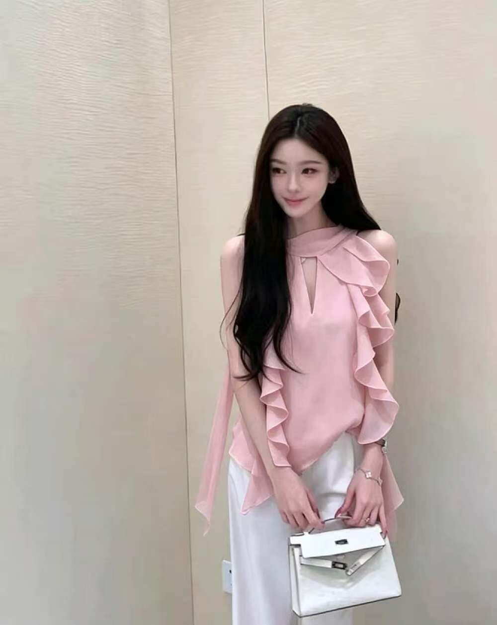 hamyiho 프랑스식 프릴 행침 목 시폰 셔츠 여성 여름 디자인 센스 루즈핏 슬림해 보이는 휴가 바람 얇은 스타일 맨위 이미지 3
