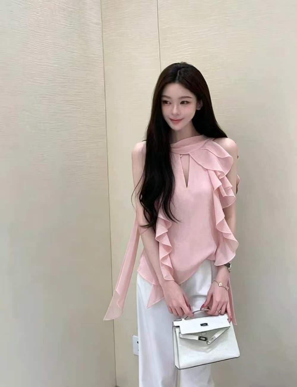 hamyiho 프랑스식 프릴 행침 목 시폰 셔츠 여성 여름 디자인 센스 루즈핏 슬림해 보이는 휴가 바람 얇은 스타일 맨위 상세 이미지 1