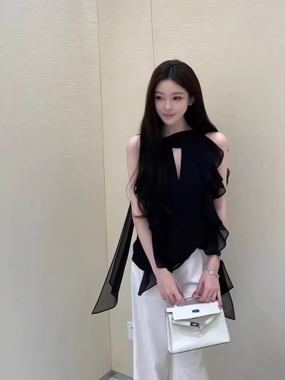hamyiho 프랑스식 프릴 행침 목 시폰 셔츠 여성 여름 디자인 센스 루즈핏 슬림해 보이는 휴가 바람 얇은 스타일 맨위 상세 이미지 6