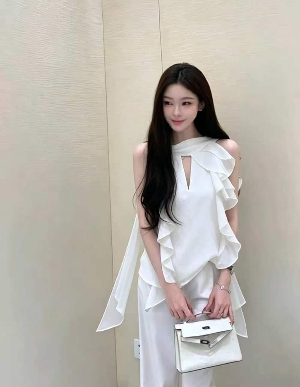 hamyiho 프랑스식 프릴 행침 목 시폰 셔츠 여성 여름 디자인 센스 루즈핏 슬림해 보이는 휴가 바람 얇은 스타일 맨위 상세 이미지 9