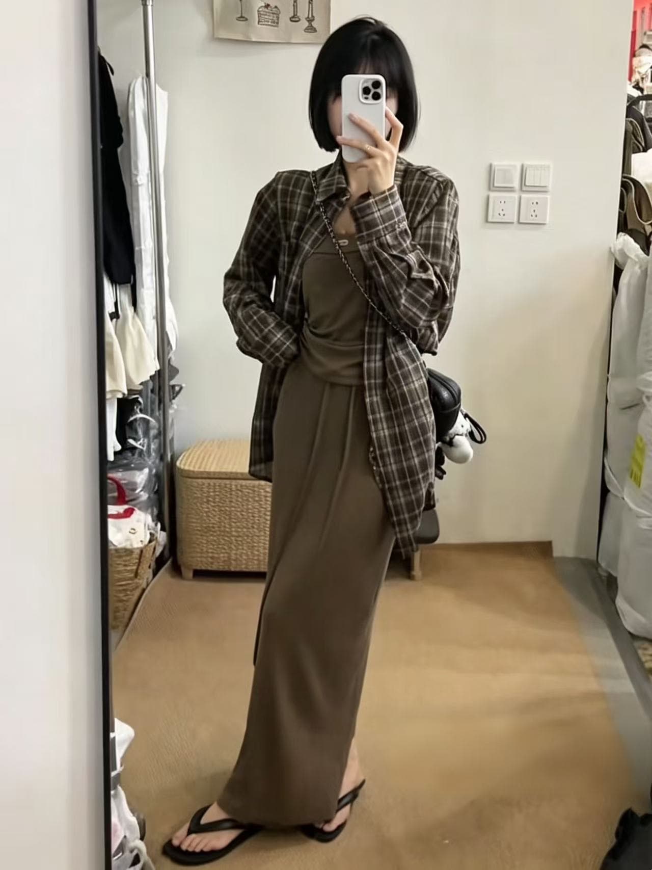 한국 스타일 캐주얼 품격 슬림해 보이는 튜브탑 조끼 허리밴드 반신 스커트 격자 무늬 셔츠 3 세트 상세 이미지 2