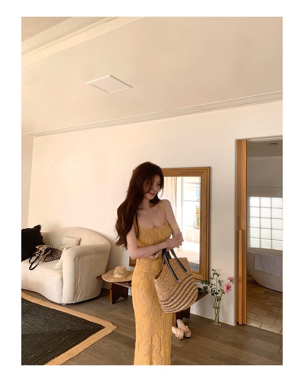 sya 크 사이 작은 웨스트 프랑스식 광장 칼라 레이스 슬립 몸매 가꾸기 롱 코트 여성 드레스 여름 섹시함 부드러운 치마 상세 이미지 3