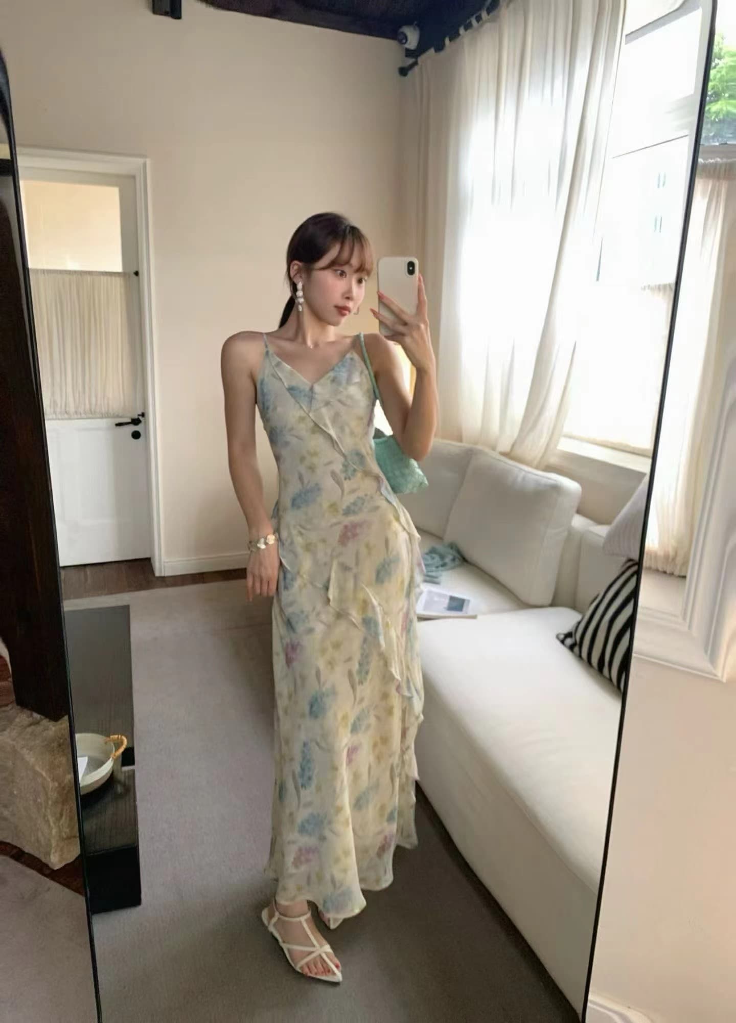 여름 새로운 V넥 휴가 치마 비스듬한 자르다 프릴 꽃무늬 슬립 드레스 인어 꼬리 롱 스커트 상세 이미지 7
