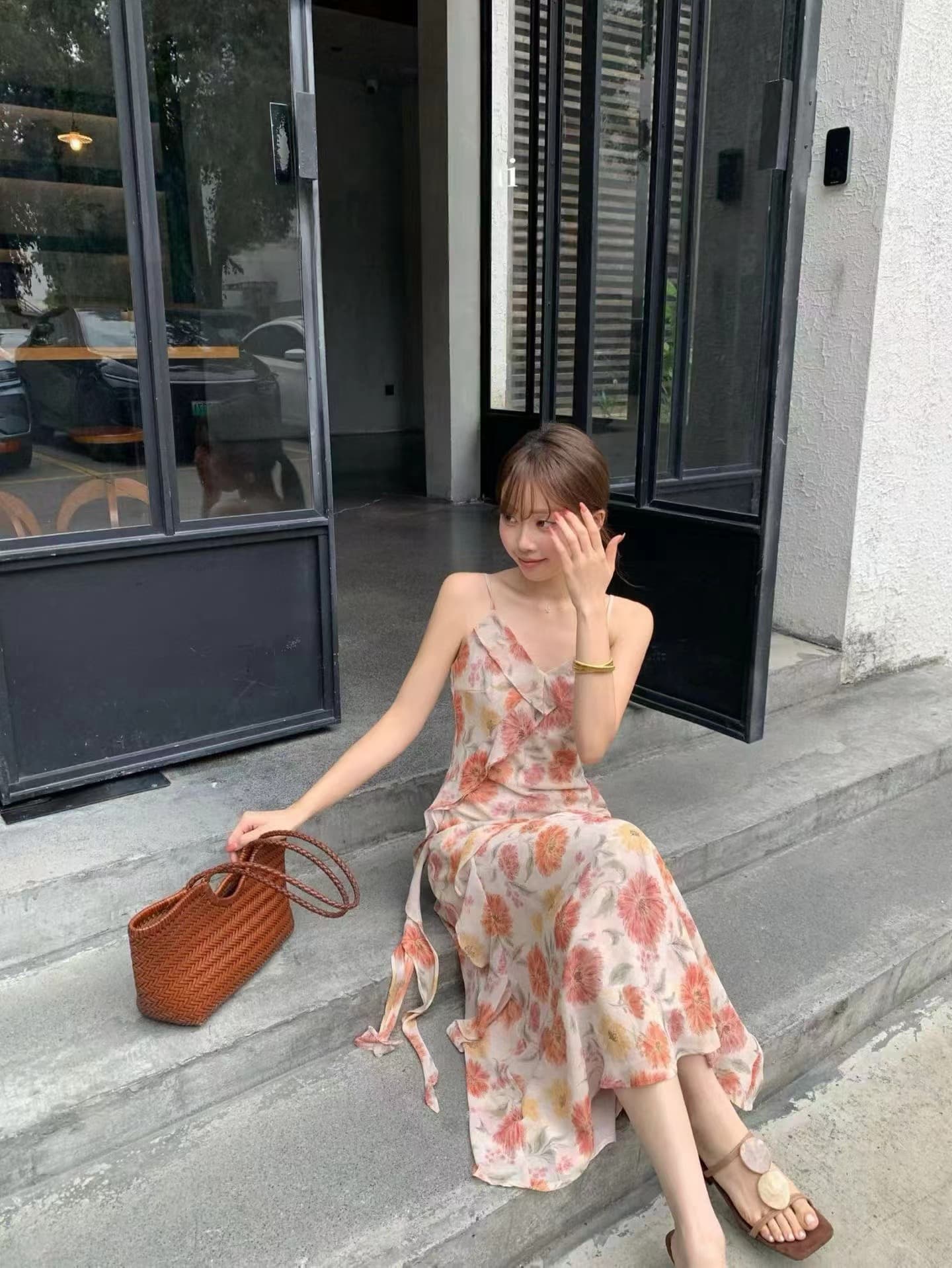 여름 새로운 V넥 휴가 치마 비스듬한 자르다 프릴 꽃무늬 슬립 드레스 인어 꼬리 롱 스커트 상세 이미지 10