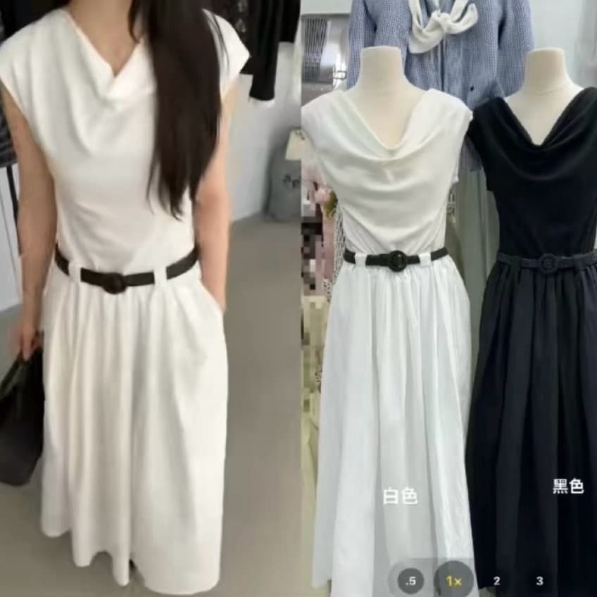 2026 재고 있음 4 가지 색상 여름 새로운 한 조정 흔들다 칼라 민소매 대 밑단 청소 부드러운 드레스 경기 벨트 여성