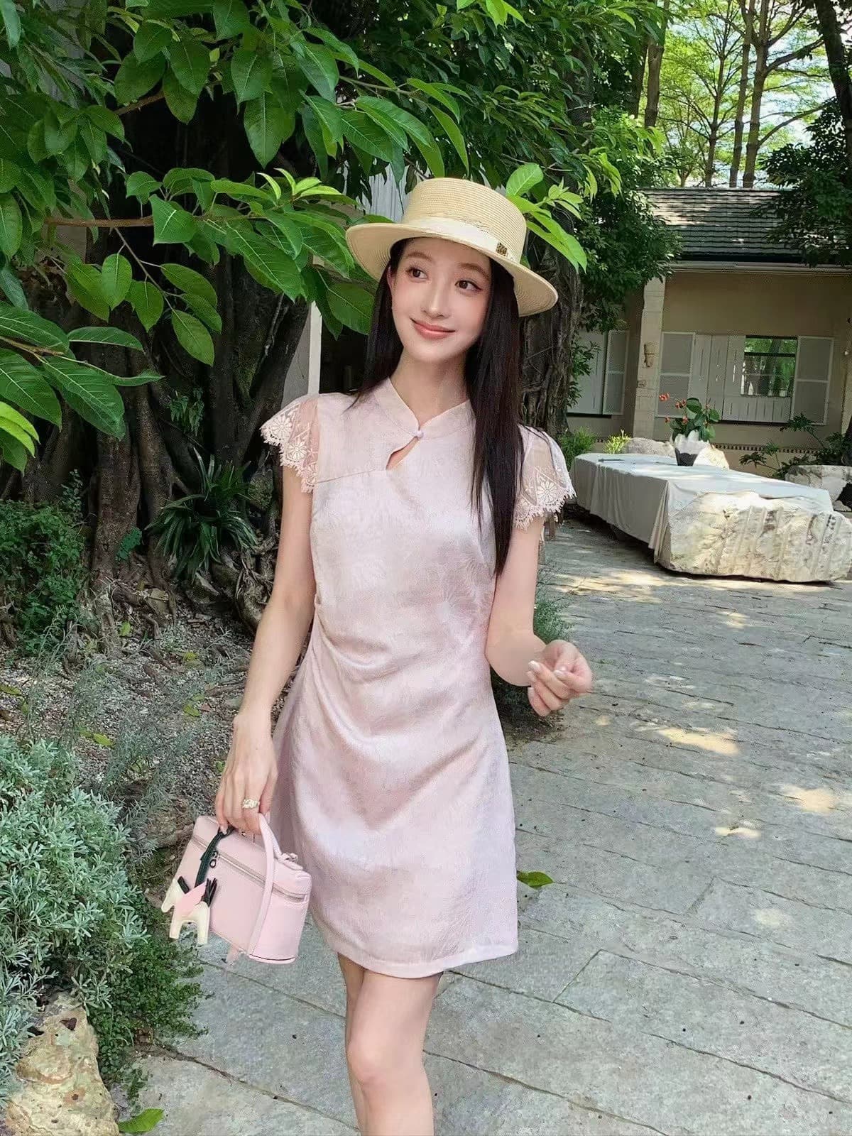 uone 여름 한국 스타일 전원 낭만주의 신선함 레이스 조각 쇼트 스타일 치마 자카드 슬림해 보이는 드레스