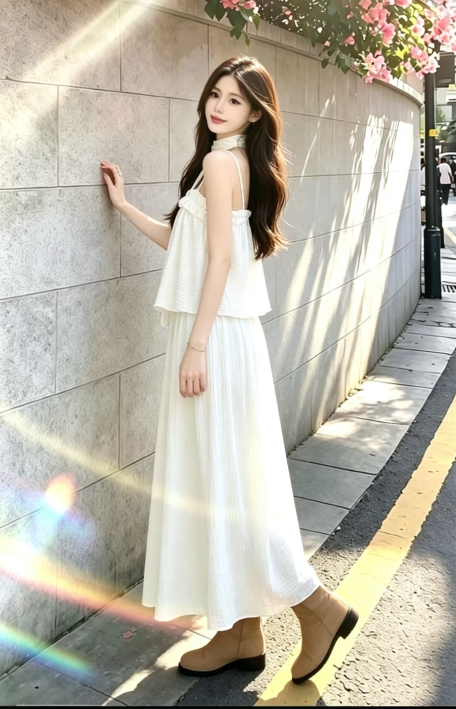 실사 4 가지 색상 프랑스식 고유 한 아름다운 고급 느슨함 센스 슬립 맨위 캐주얼 와이드 레그 팬츠 투피스 슈트 여성 상세 이미지 6