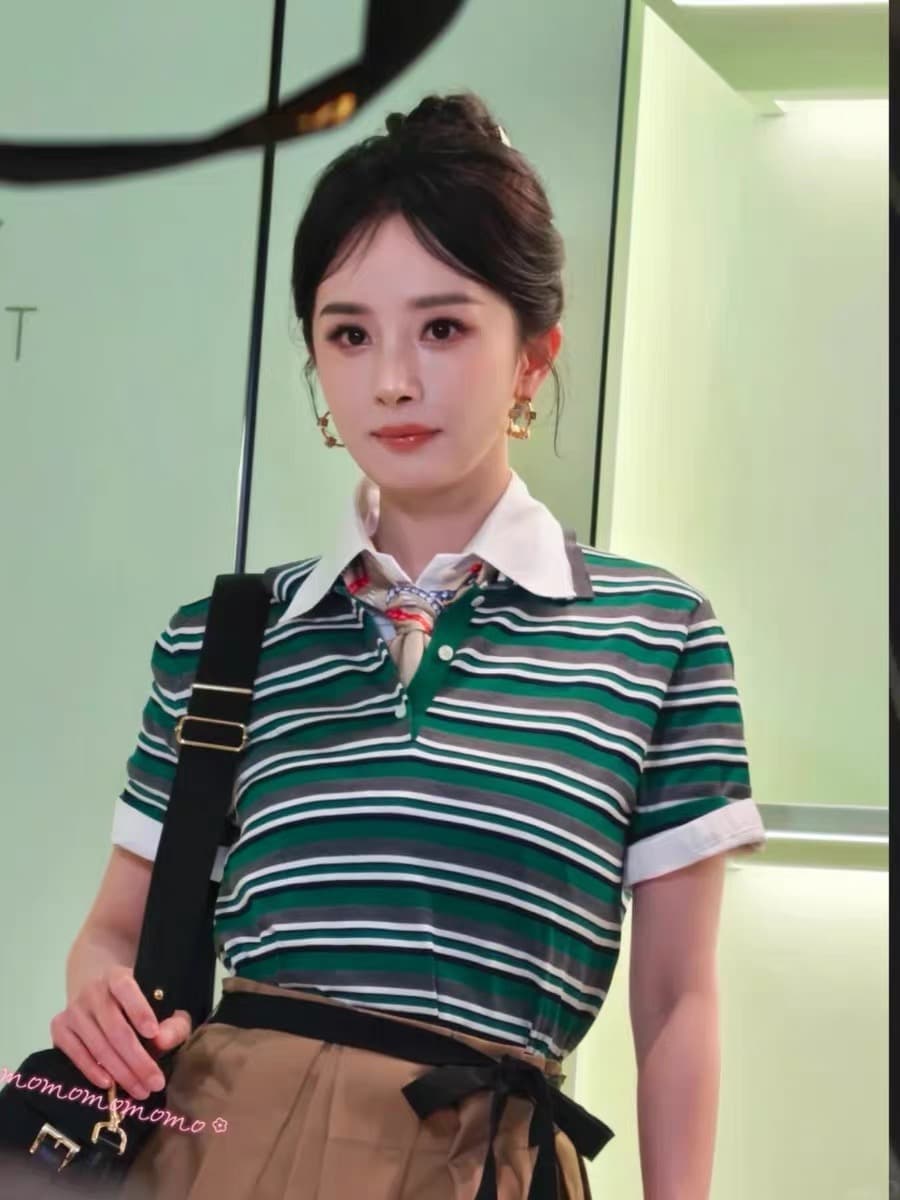 양미 스타 같은 단락 옷 녹색 스트라이프 POLO 칼라 반팔 티셔츠 맨위 여성 여름 한 마디 반신 치마 세트 이미지 4