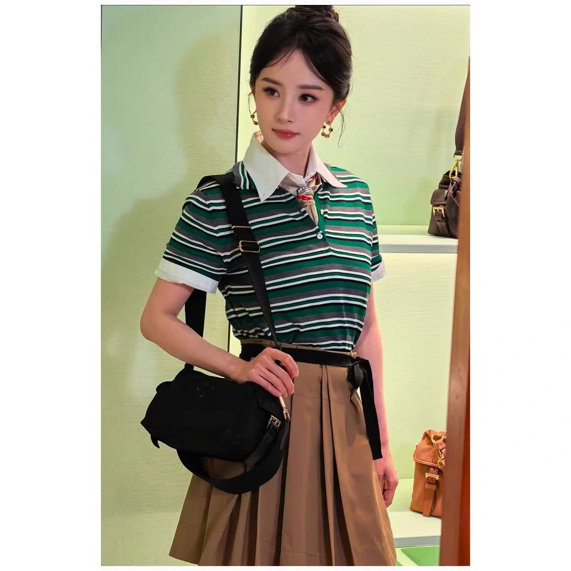 양미 스타 같은 단락 옷 녹색 스트라이프 POLO 칼라 반팔 티셔츠 맨위 여성 여름 한 마디 반신 치마 세트 이미지 5