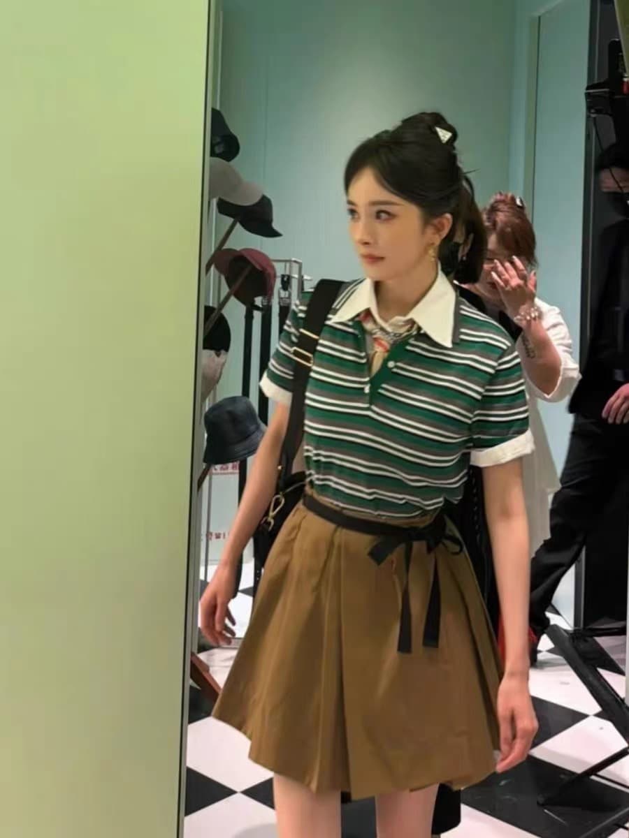 양미 스타 같은 단락 옷 녹색 스트라이프 POLO 칼라 반팔 티셔츠 맨위 여성 여름 한 마디 반신 치마 세트 상세 이미지 3