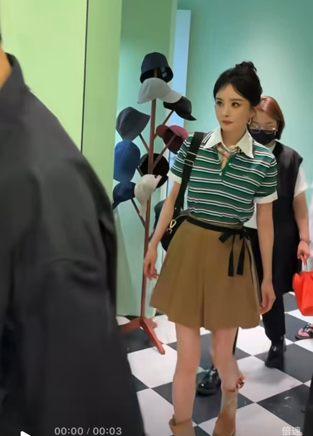 양미 스타 같은 단락 옷 녹색 스트라이프 POLO 칼라 반팔 티셔츠 맨위 여성 여름 한 마디 반신 치마 세트 상세 이미지 4