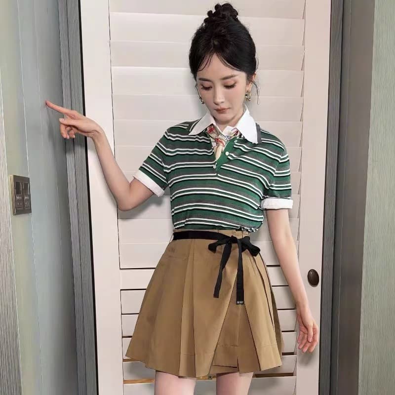 양미 스타 같은 단락 옷 녹색 스트라이프 POLO 칼라 반팔 티셔츠 맨위 여성 여름 한 마디 반신 치마 세트 상세 이미지 5
