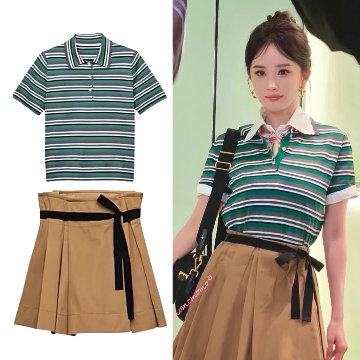 양미 스타 같은 단락 옷 녹색 스트라이프 POLO 칼라 반팔 티셔츠 맨위 여성 여름 한 마디 반신 치마 세트 상세 이미지 6