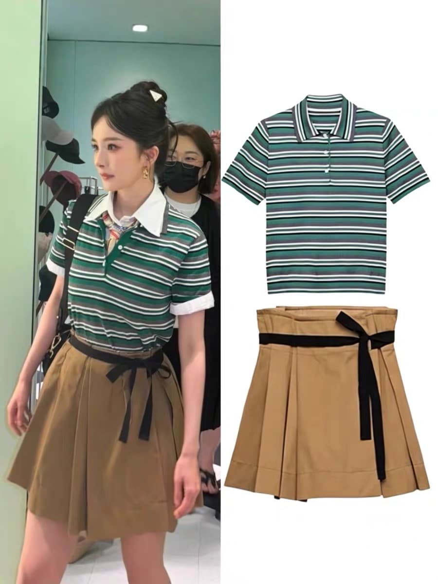 양미 스타 같은 단락 옷 녹색 스트라이프 POLO 칼라 반팔 티셔츠 맨위 여성 여름 한 마디 반신 치마 세트 상세 이미지 7
