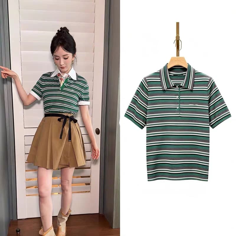 양미 스타 같은 단락 옷 녹색 스트라이프 POLO 칼라 반팔 티셔츠 맨위 여성 여름 한 마디 반신 치마 세트 상세 이미지 8