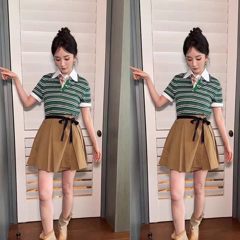 양미 스타 같은 단락 옷 녹색 스트라이프 POLO 칼라 반팔 티셔츠 맨위 여성 여름 한 마디 반신 치마 세트 상세 이미지 9