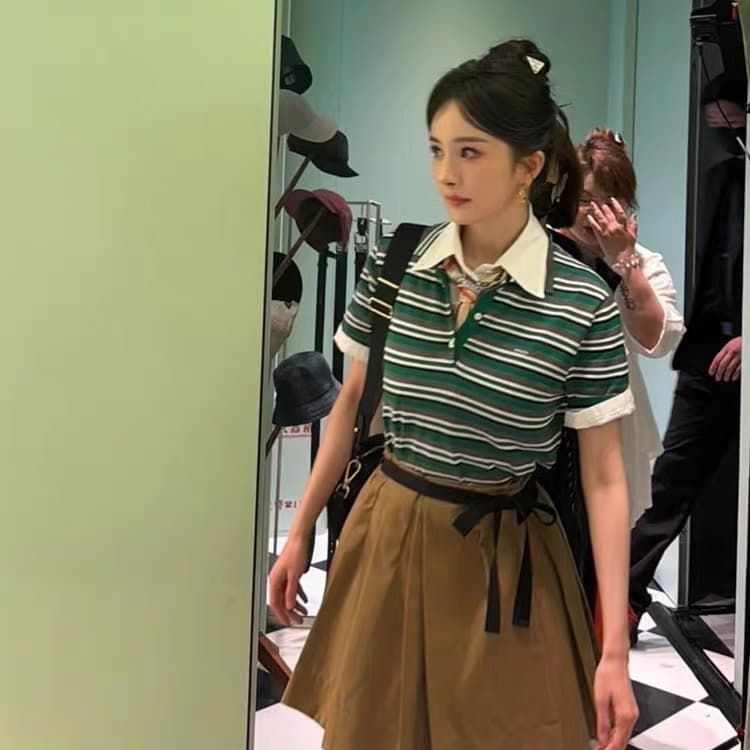 양미 스타 같은 단락 옷 녹색 스트라이프 POLO 칼라 반팔 티셔츠 맨위 여성 여름 한 마디 반신 치마 세트 상세 이미지 10