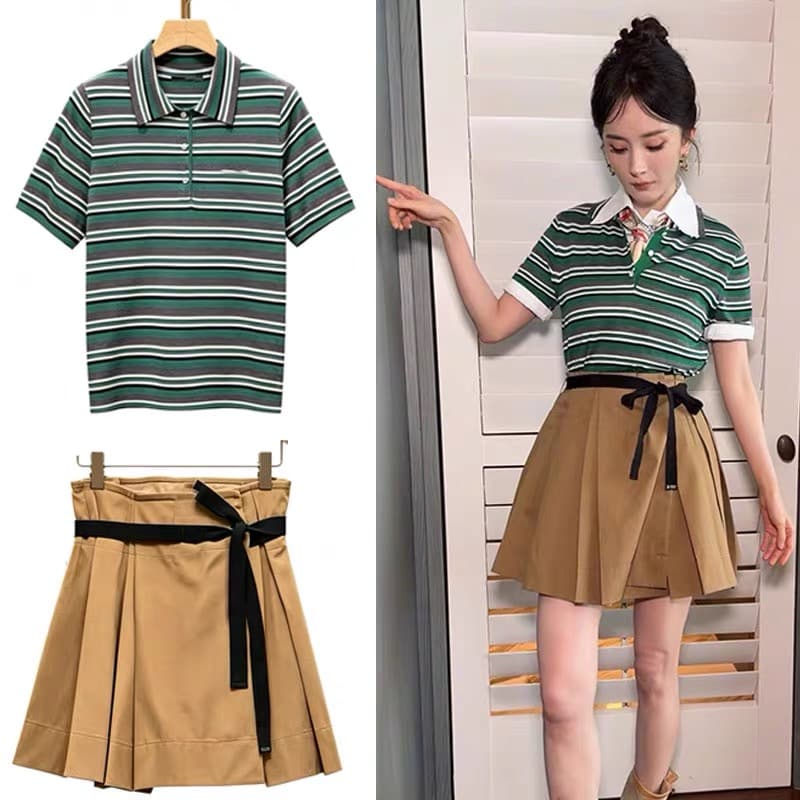 양미 스타 같은 단락 옷 녹색 스트라이프 POLO 칼라 반팔 티셔츠 맨위 여성 여름 한 마디 반신 치마 세트 상세 이미지 11