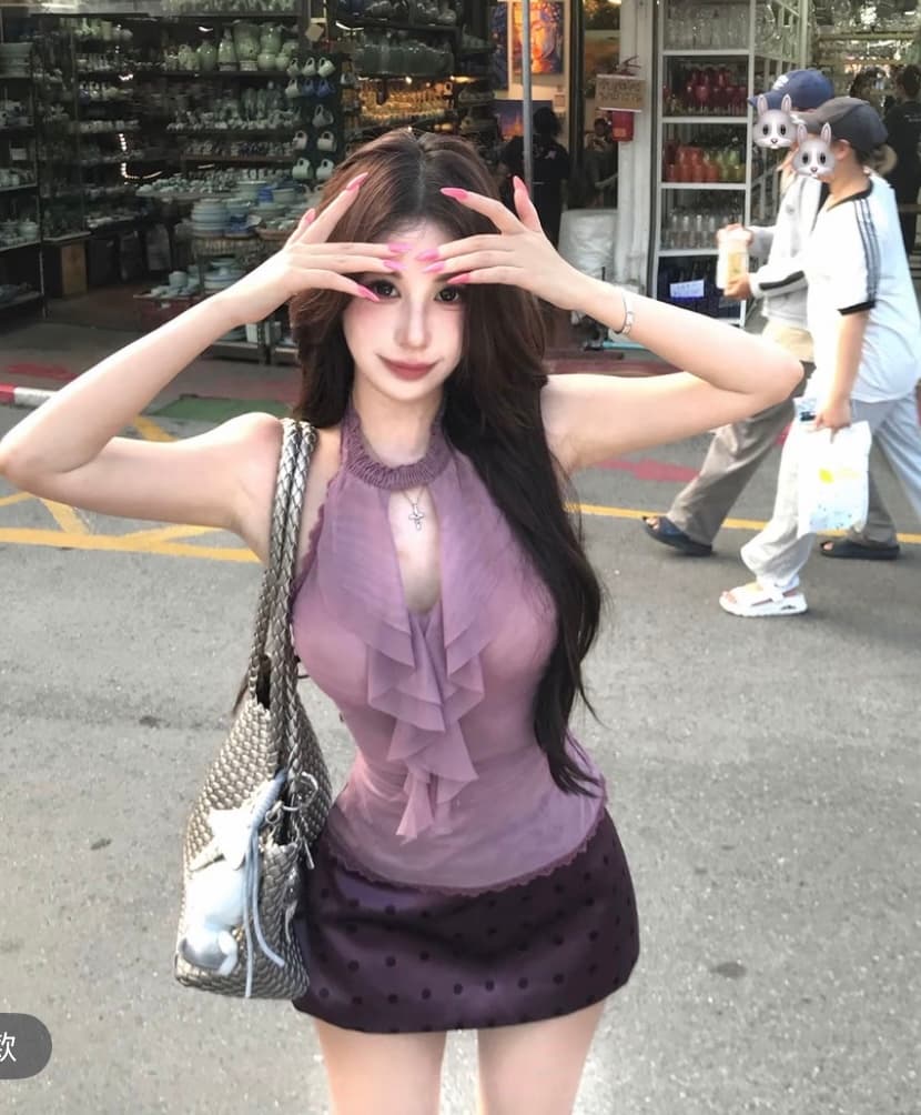mejiu 꿀 나인 조용한 라임 연기 봄 행침 목 순수한 욕망 쉬폰 보라색 도트 무늬 섹시함 여름 타이트 스커트 세트