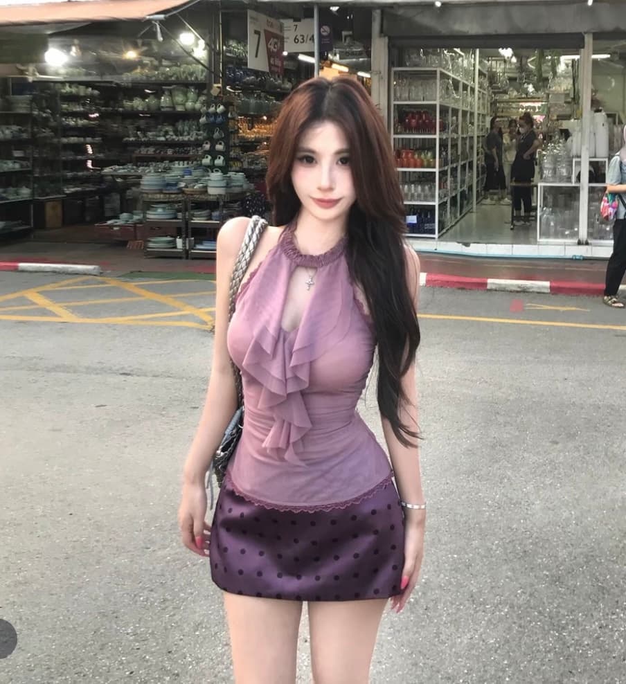 mejiu 꿀 나인 조용한 라임 연기 봄 행침 목 순수한 욕망 쉬폰 보라색 도트 무늬 섹시함 여름 타이트 스커트 세트 이미지 2