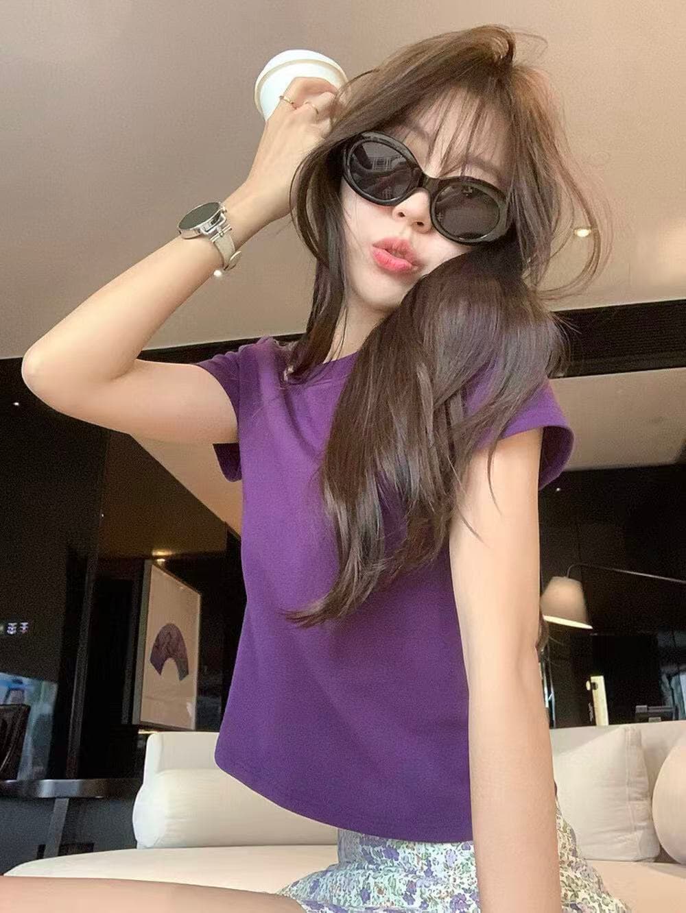 뒤로 트임 비틀림 작은 대중 디자인 센스 티셔츠 신선함 꽃무늬 반신 스커트 투피스 세트 세트 이미지 4