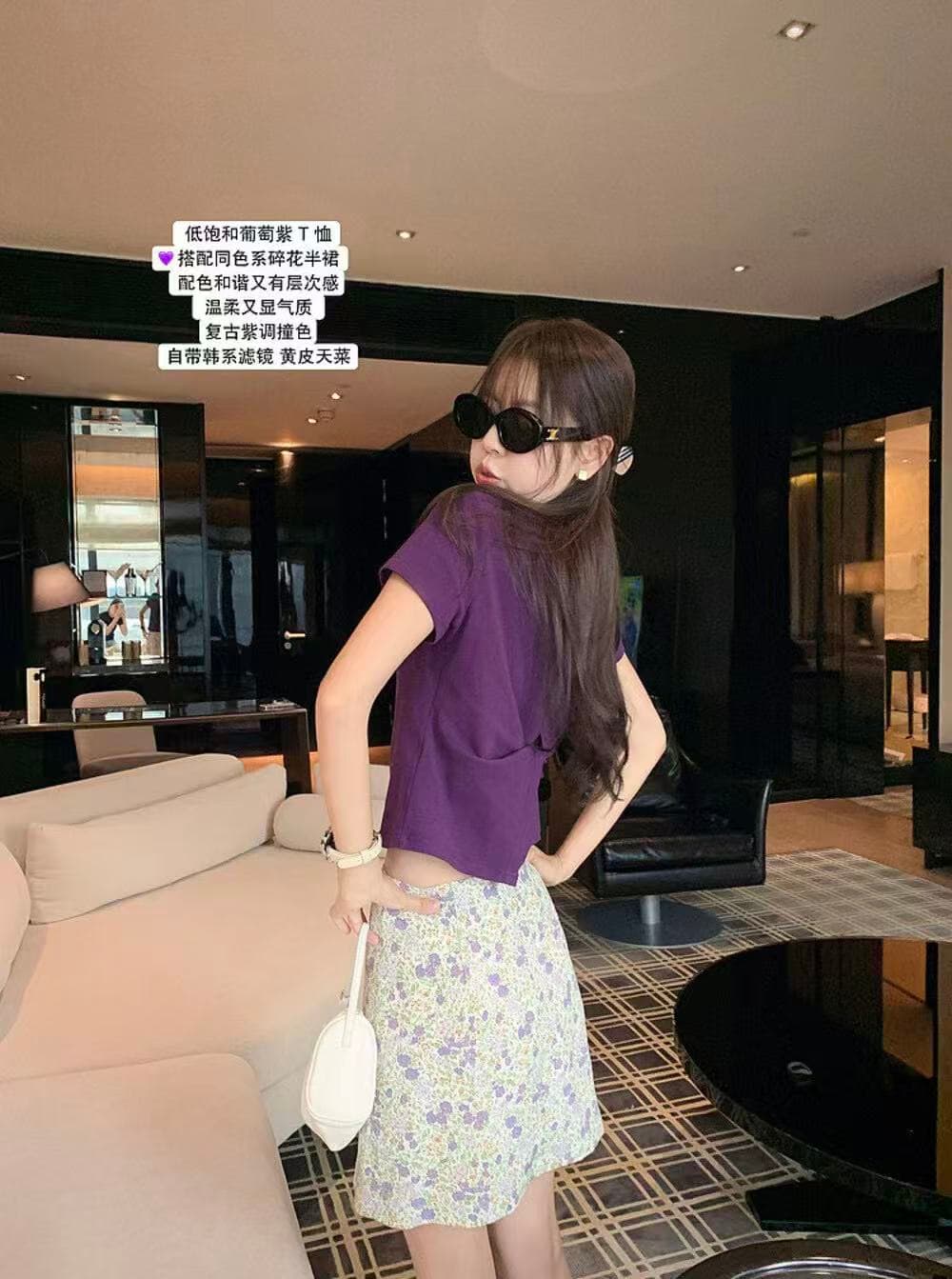 뒤로 트임 비틀림 작은 대중 디자인 센스 티셔츠 신선함 꽃무늬 반신 스커트 투피스 세트 세트 상세 이미지 6